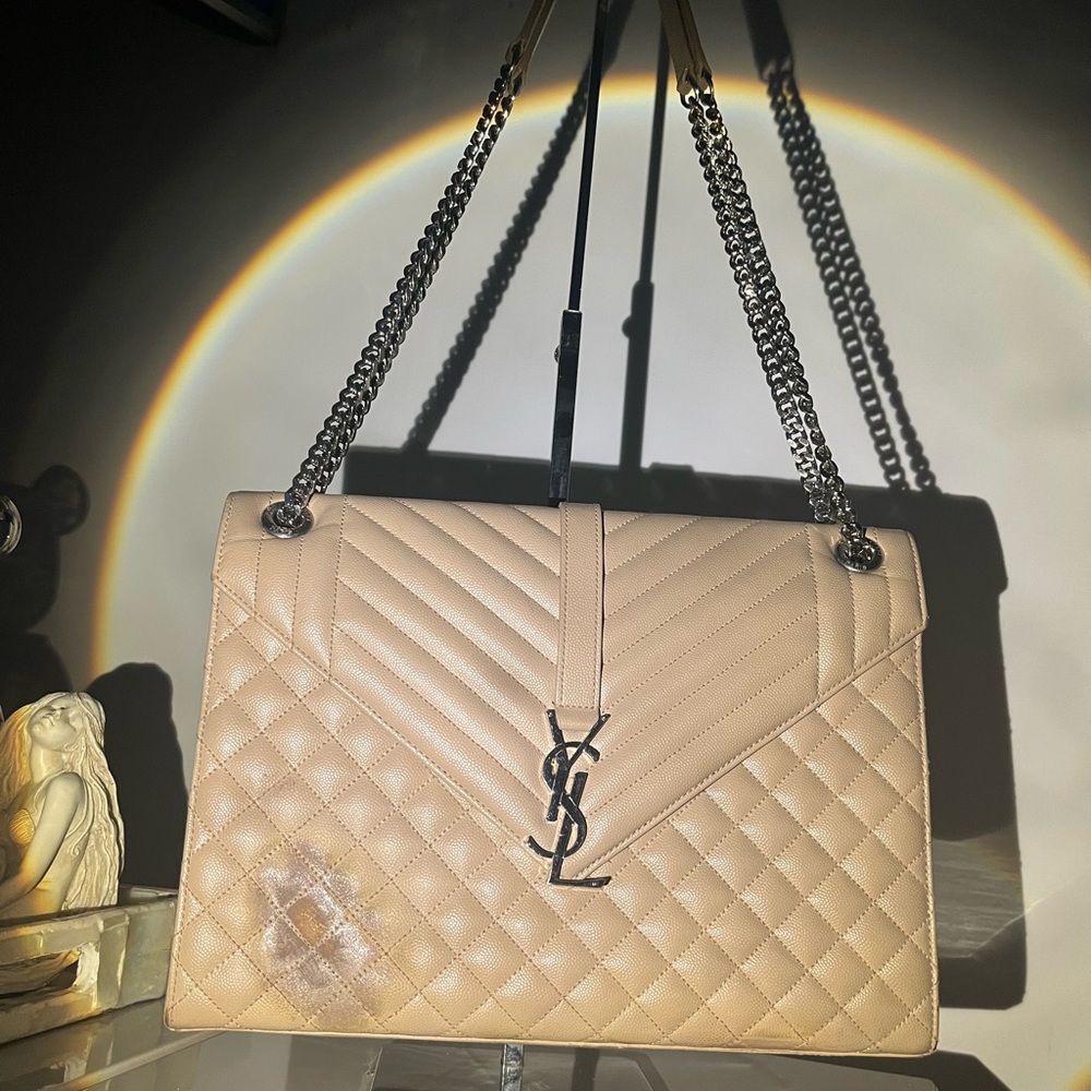 YSL Classic Monogram Quilted Envelope Satchel in Neutral